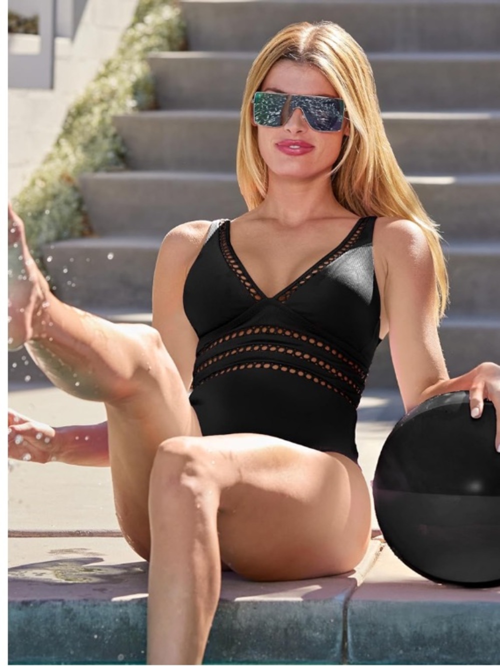 Becca Modern Edge Toni Plunge One Piece Swimsuit Black Ribbed Eyelet Size Large - Picture 3 of 13